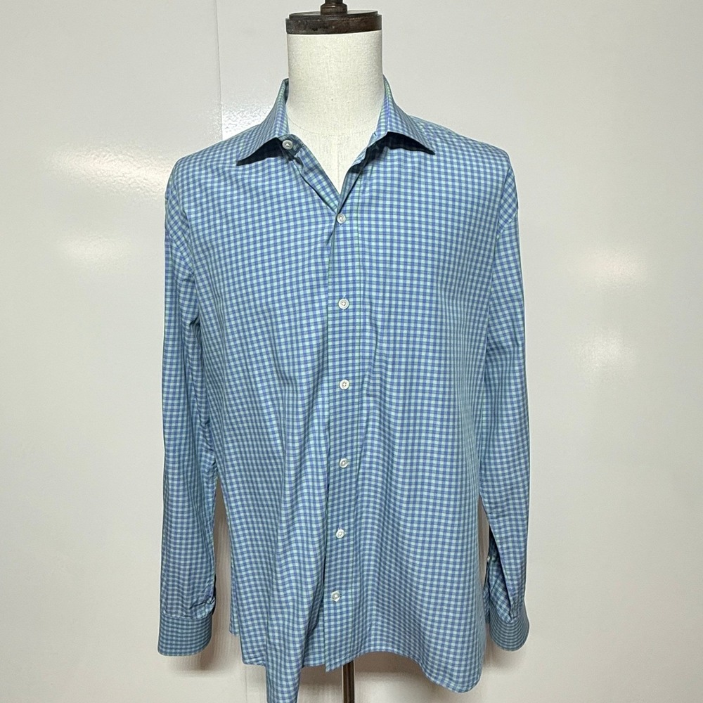 Ledbury Shirt Mens XXL Blue Green Gingham Plaid Slim Fit Long Sleeve Button Up - Picture 2 of 9